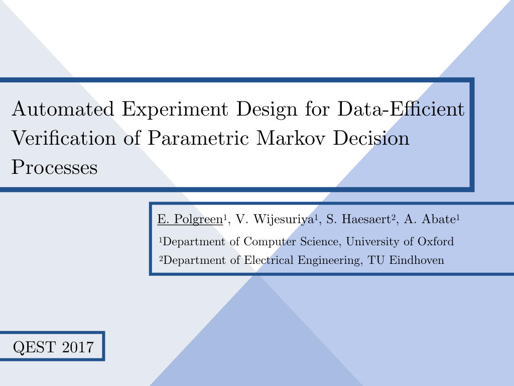 Automated experiment design for data-efficient verification of parametric Markov decision processes